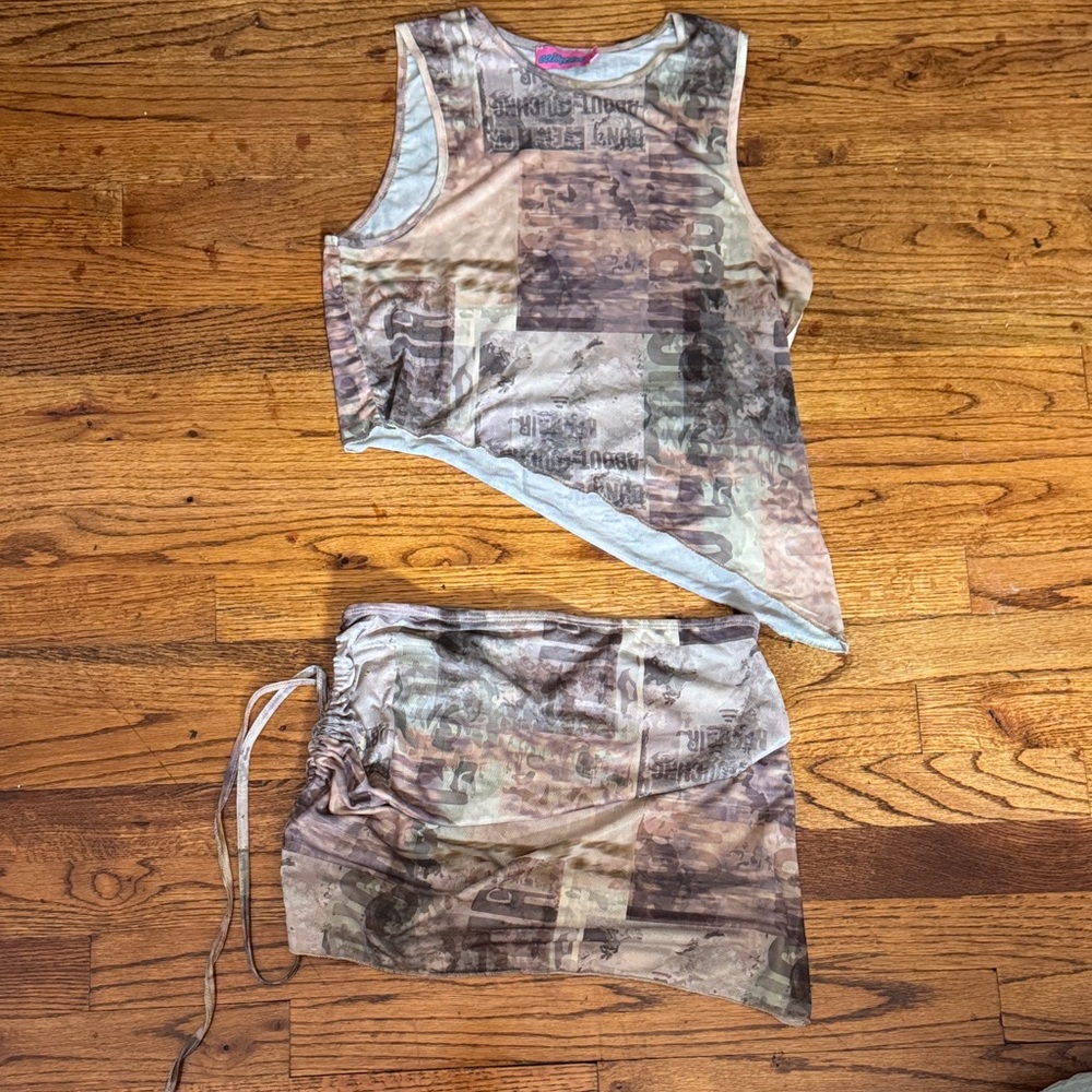 Edikted Asymmetrical Top and Skirt Set in Brown and Gray